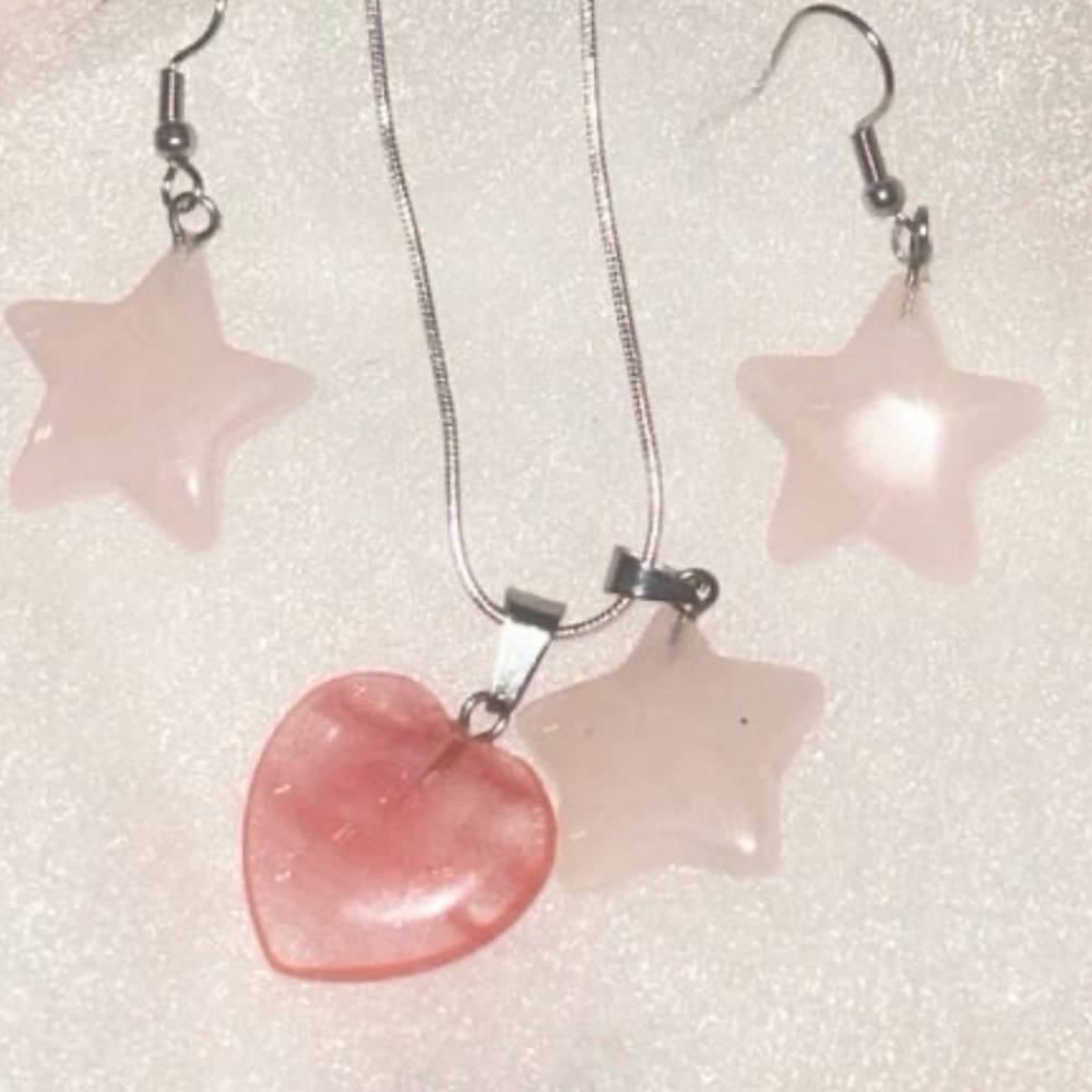 Boho hippie Natural Rose Quartz Crystal Stars silver earring and Necklace set